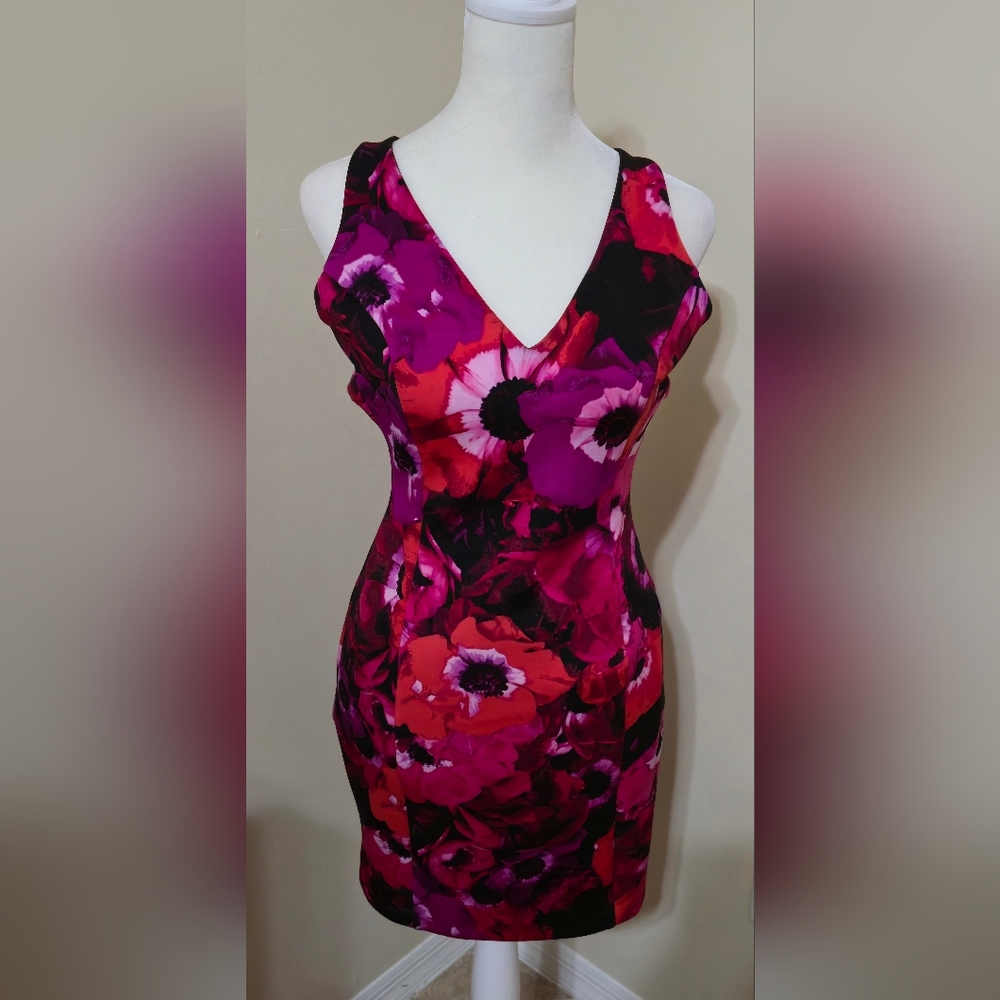 Guess Pink Red V-Neck Bodycon Mini Dress